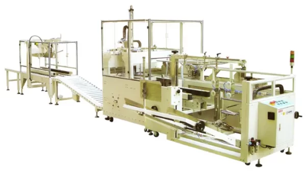 Automatic case packer complete with PLC control, color touch screen, servo driven, air cylinder control feeding product. Having carton magazine, erector, vacuum fill device, auto flap folder, top and bottom sealer with lane divider to produce RSC 12 (W) X 16(L) X 15(H) with 2 layers 3X4 coffee cans.