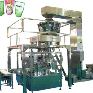 Designed to automatically package free flowing food and chemical products, with pre-made stand up pouch with zipper, spout or flat bags.