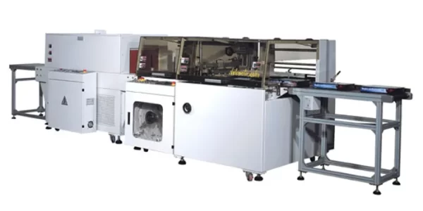 Hi-speed sealing machine can be combined with an automatic production line for shrink wrapping. Complete with photo eyes for indexing products. Two feed-in modules, auto/manual capabilities, using center folded film for 3 side sealed packages. Has servo driven sealing head, which ensures accurate positioning and excellent fine seals. Double bar device ensure machine’s stability for extra wide consistent seal quality. The speed controlled in-feed system is adjustable, with discharge conveyor at the end of the tunnel, makes the whole system fully automatic.