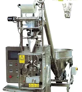 Designed to automatically package free flowing products. Stainless steel construction, intermittent motion bag forming, complete with PLC control, servo motor control of bag length, product hopper，volumetric disc and cups, solid state temperature control and printed film registration control.