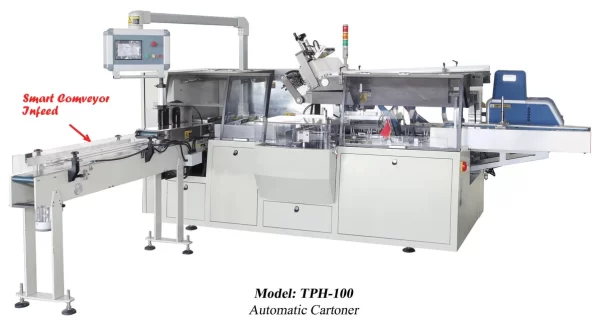 TeleSonic High-Speed Cartoner Designed to automatically insert products into folding cartons. Available for horizontal and vertical filling at up to 120 cpm. PLC control, color touch screen, All servo motor controls, continuous motion, variable speed, auto loading products in line with smart conveyor infeed. Photo registration control, (no product no box), tool free change over product sizes. Safety door enclosure and auto over-load protection. Cartoner system includes close and glue seal the box with Nordson Gluer. Can be combined with Telesonic Case Erector